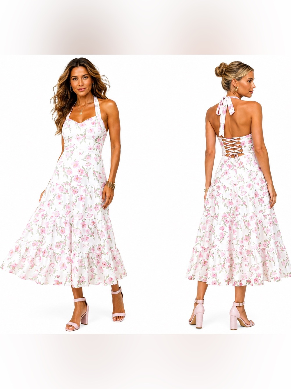 Lulu’s Adored Sweetness Ivory Floral pink Lace-Up Halter Midi Dress
size xs